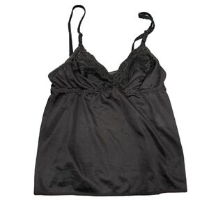 Black Lace Trim Silky Camisole Top Adjustable Straps V-Neck Lingerie Cami